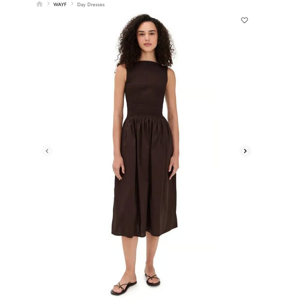 WAYF "May" Smocked Brown Midi Dress in sz SMALL